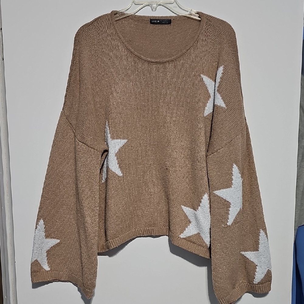 SHEIN Brown and White Crew Neck Sweater with Star Patterns Large Summer Soft
